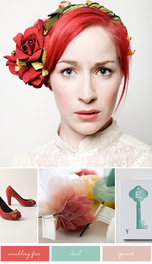 Teal and Apricot Wedding Inspiration: Headband, Shoes, and Feather Love