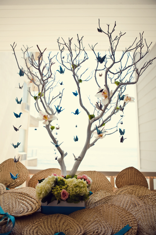 Beach Wedding Details: Handmade Cranes, Cake, and Dress Ring Pillows