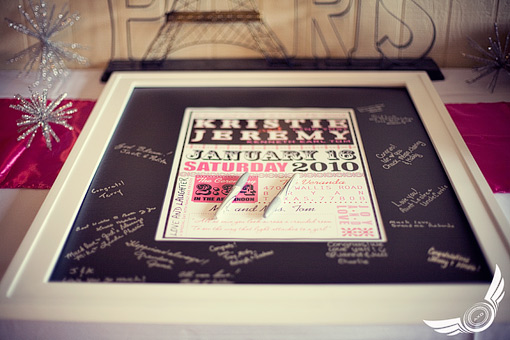 Cool Custom Wedding Signing Board at Tom and Yost's Celebration