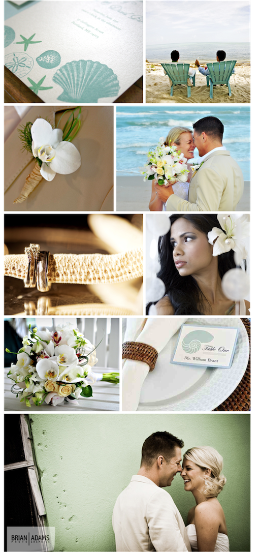 Elegant Beach Wedding: White Orchid Bouquets, Invites & Seashell Decor