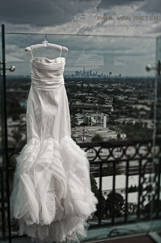Vera Wang Wedding Dress with Stunning City Skyline View