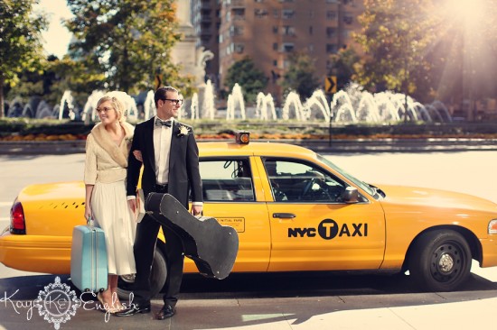 Elegant NYC Wedding: Newlyweds & Taxi by Kay English Photography