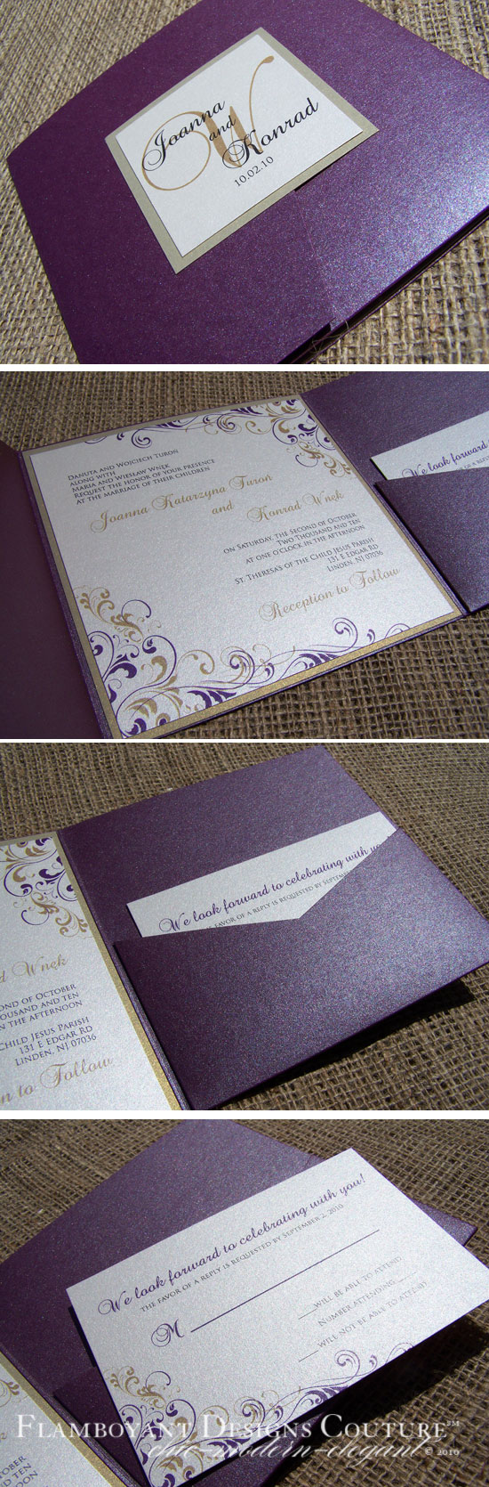 Elegant Plum & Gold Pocket Fold Wedding Invitations