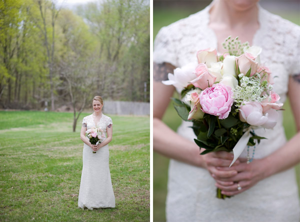 Bride in lace dress with peonies and tattoos on her wedding day