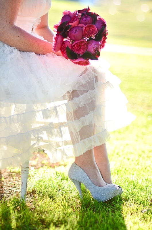 Hot Pink Wedding Bouquet with Peonies and Glitter Heels