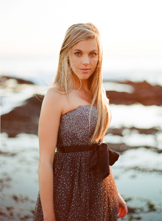 Sunset Beach Portrait: Blonde Woman in Elegant Dress