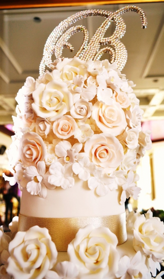 Elegant Wedding Cake with Roses and Letter B Topper
