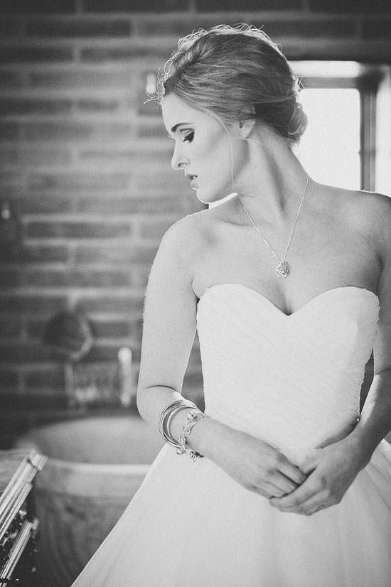 Pensive Bride in Black and White Wedding Portrait