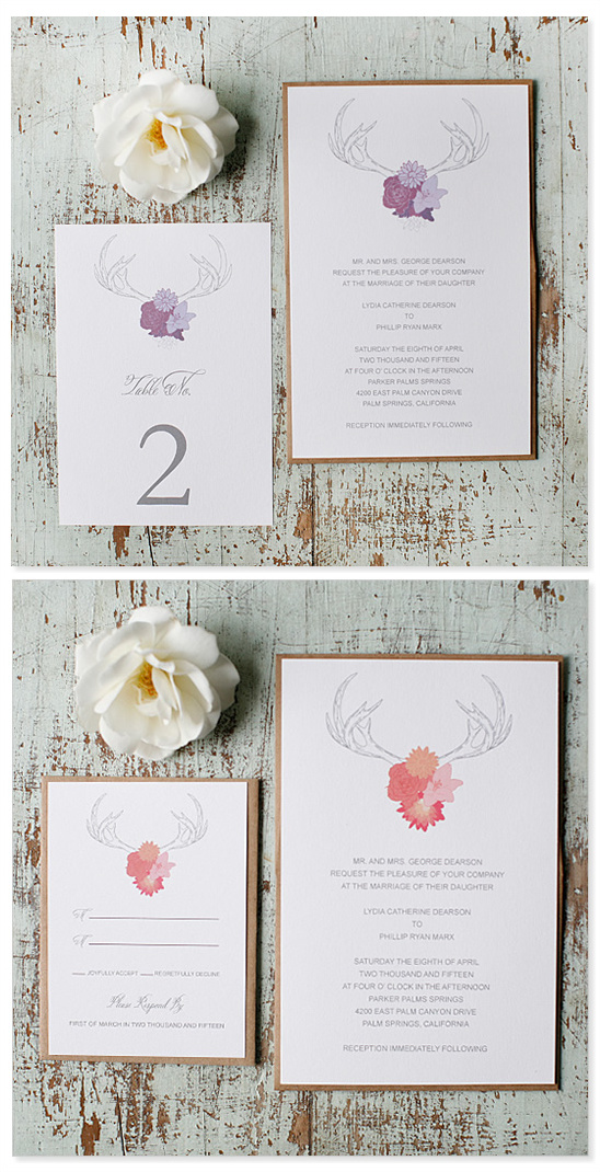 Free Printable Antler Wedding Invitations in Purple or Peach!