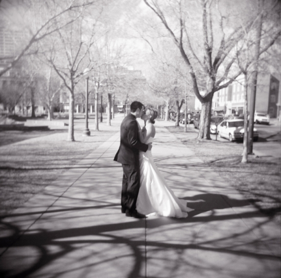 Romantic Wedding Embrace: A Timeless Moment on Holga Film