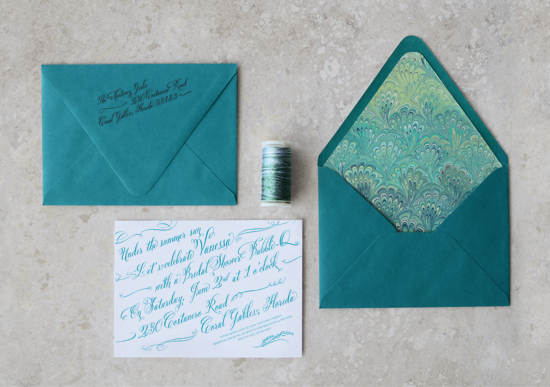 Whimsical Teal Bridal Shower Invitations with Marble Envelope Liner
