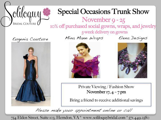 Soliloquy Bridal Couture Trunk Show: Gowns, Wraps & Jewelry Sale