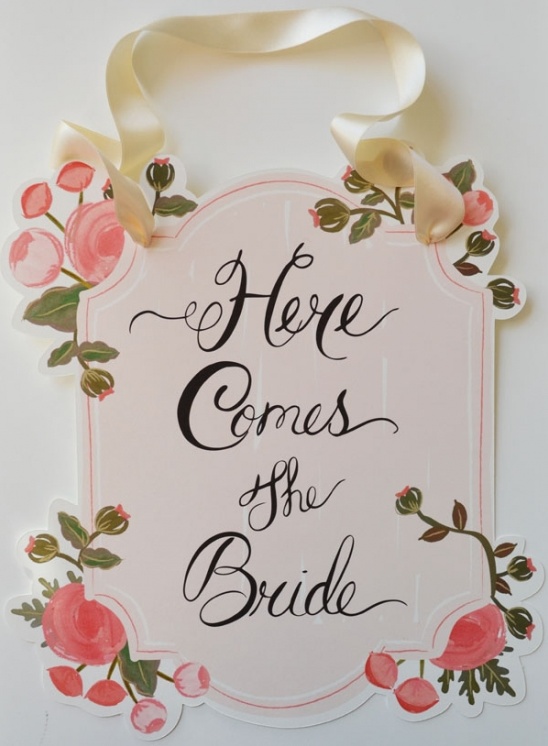 Blush Floral Here Comes the Bride Wedding Sign