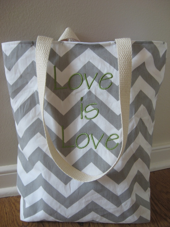 Love is Love Gray Chevron Tote Bag with Rainbow Monogramming