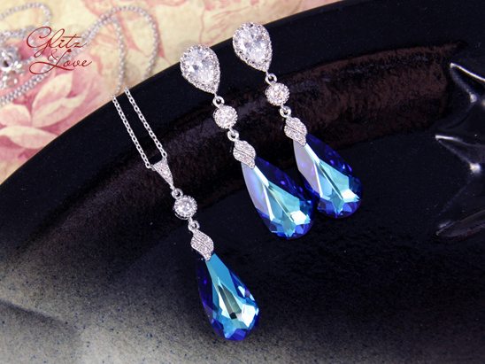 Bermuda Blue Crystal Bridal Jewelry Set: Earrings and Necklace