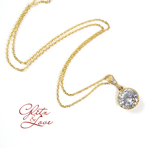 Champagne Gold CZ Necklace: Big Round Pendant Diamond Jewelry