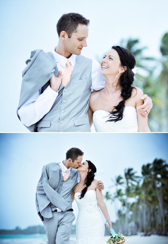 Romantic Beach Wedding: Couple's Kiss & Bride's Sparkling Earrings