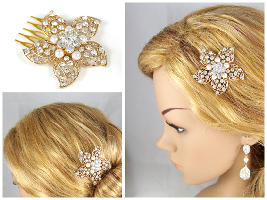 Rose Gold Crystal and Pearl Hair Comb & Earrings for Bridal Glamour