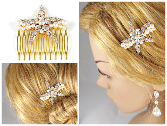 Rose Gold Starfish and Pearl Bridal Hair Comb & Earrings