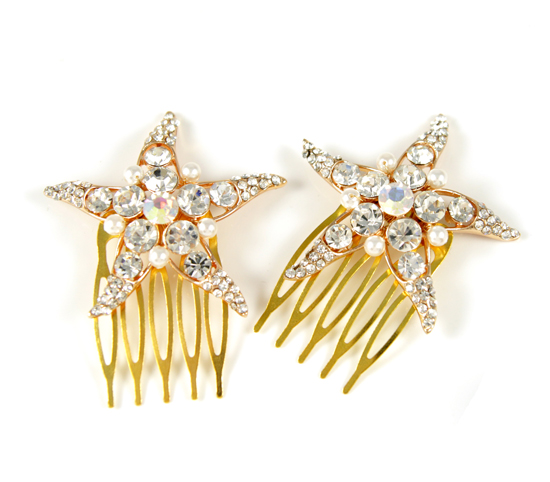 Rose Gold Starfish Hair Comb for Beach Wedding with Pearls