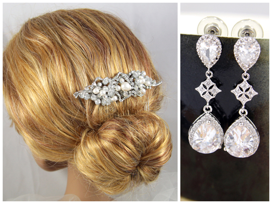 Bridal Hair Comb with Crystal & Pearl, Teardrop CZ Earrings