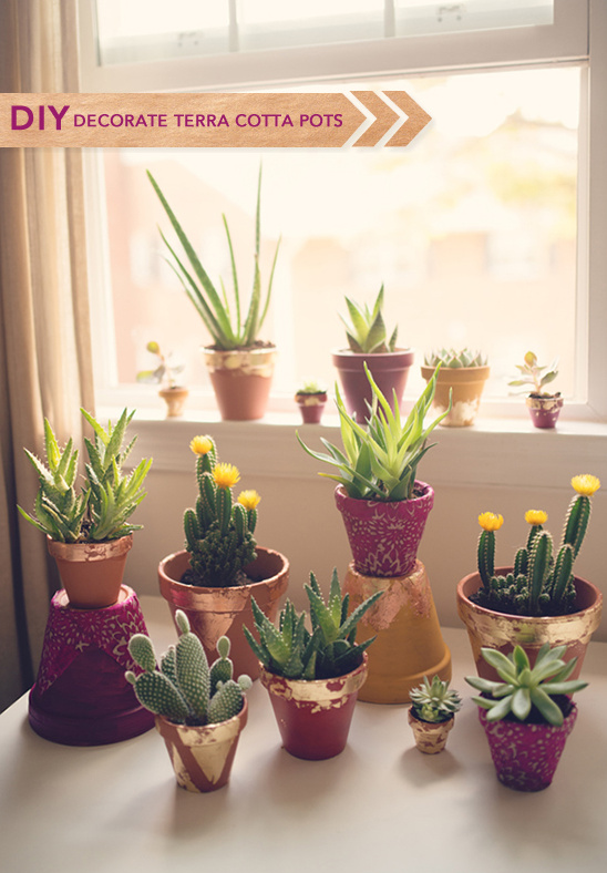 DIY Terra Cotta Pot Decorating: Gold Leaf, Decoupage, and Acrylic Paint