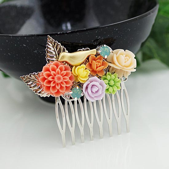 Romantic Floral Hair Comb: Bird & Colorful Flower Wedding Accessory