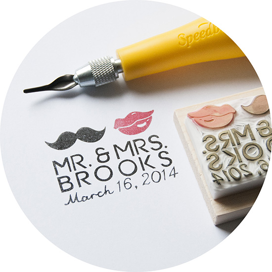 Custom Wedding Stamp Design: Mr. & Mrs. Brooks with Lips and Mustache