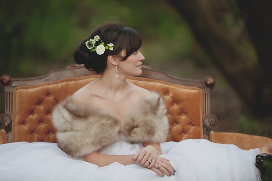 Vintage Bridal Shoot with Peachy Victorian Settee and Fox Fur
