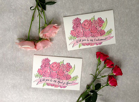 Pretty Pink Bridesmaid Proposal Cards with Floral Art