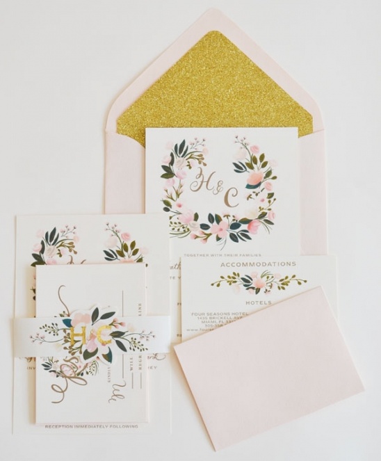 Elegant blush and gold floral wedding invitation suite design