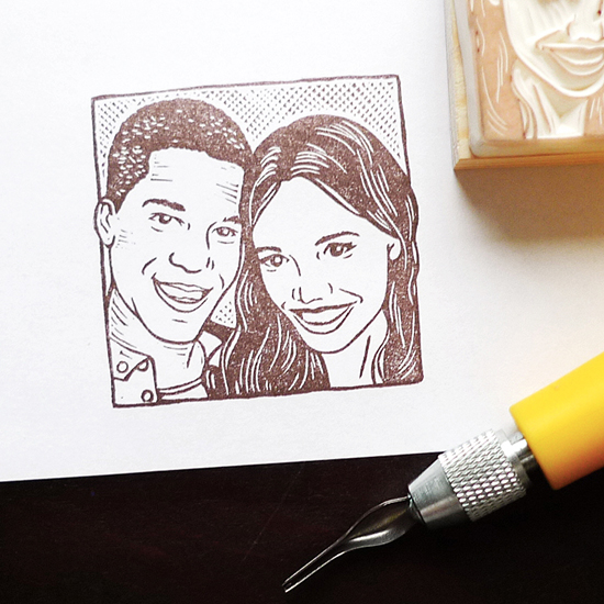 Custom Hand-Carved Couple Portrait Stamp for Unique Wedding Stationery