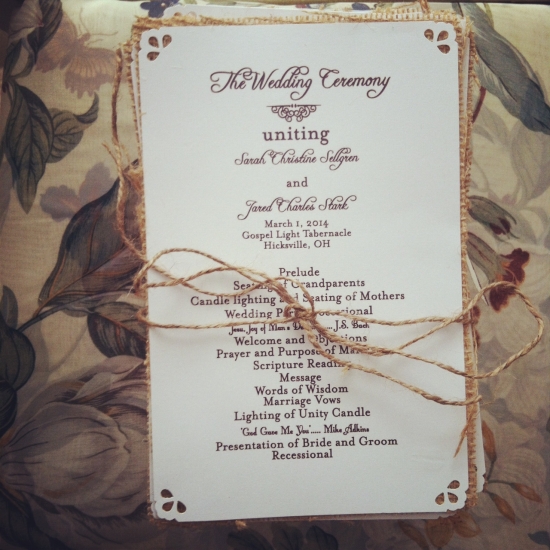 Rustic Wedding Programs with Burlap for Sarah's Special Day