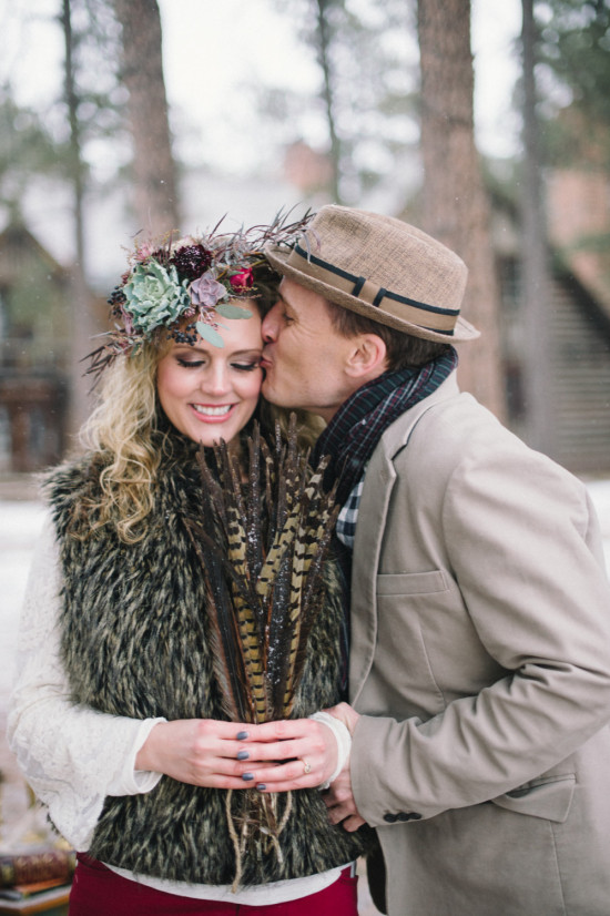 Romantic La Foret Engagement: Vintage Fur & Floral Headpiece in CO