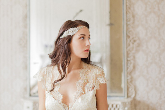 Elegant Bride with Gold Headpiece and Lace Dress Photoshoot