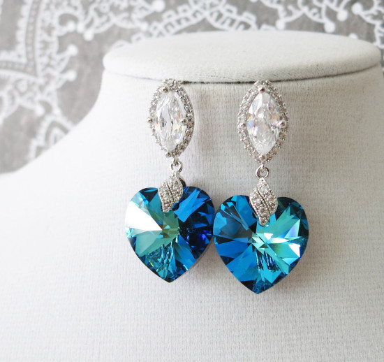 Elegant Blue Heart Crystal Bridal Jewelry Earrings and Necklace