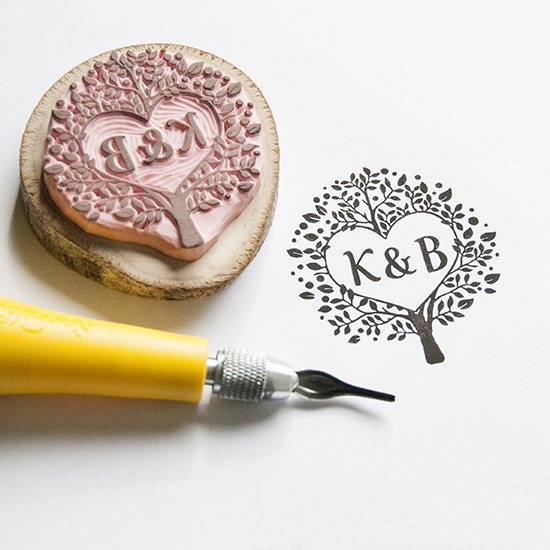 Personalized Wedding Monogram Stamp: Hand-Carved Tree Design