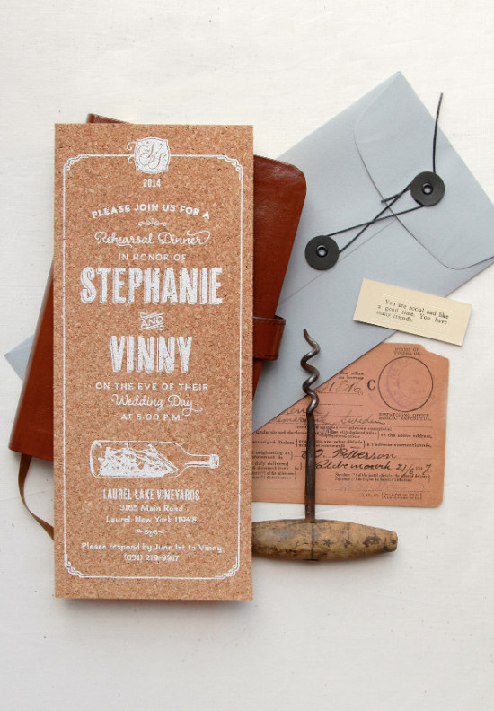 Unique Wedding Invitation: White Ink on Real Cork Slice