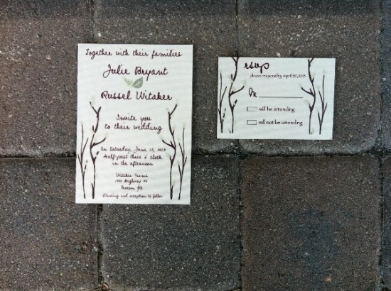 Rustic Wedding Invitation with Mint Leaves and Dark Red Accents
