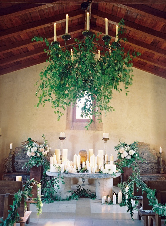 Rustic Chapel Wedding Decor: Candles and Greenery Inspiration