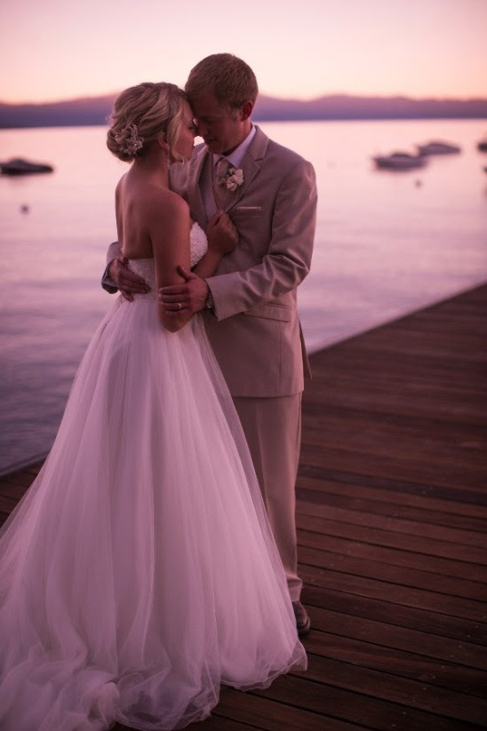 Romantic Sunset Lake Wedding Embrace Photo by Tim Halberg