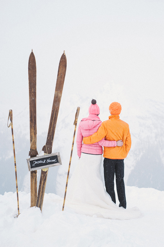 Winter Wedding Inspiration: Snowy Mountain Embrace with Vintage Skis