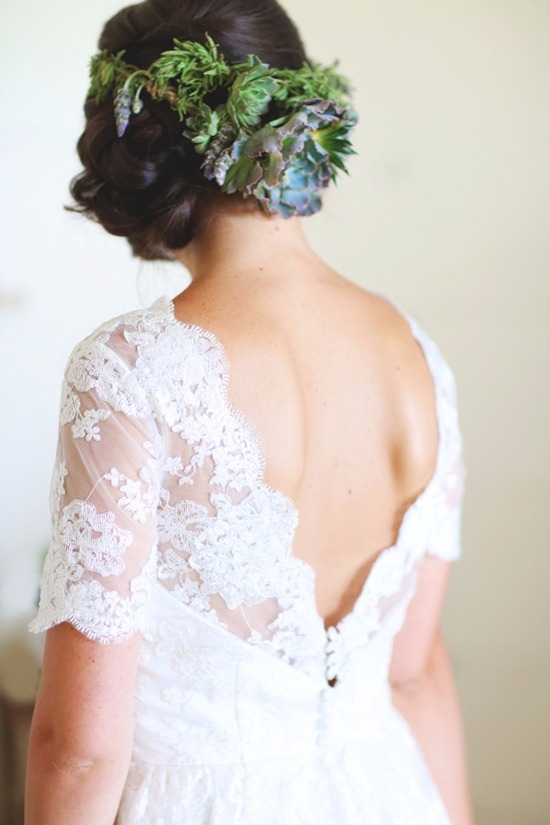 Romantic Bride in Lace Dress with Flower Crown by Melissa Enid