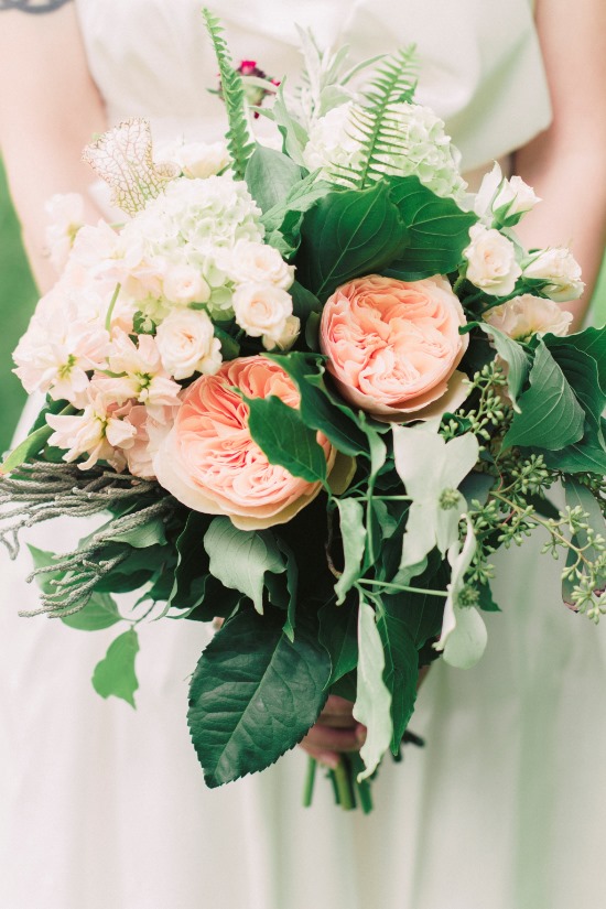 Peach Roses & White Hydrangeas Bridal Bouquet by Viburnum Designs