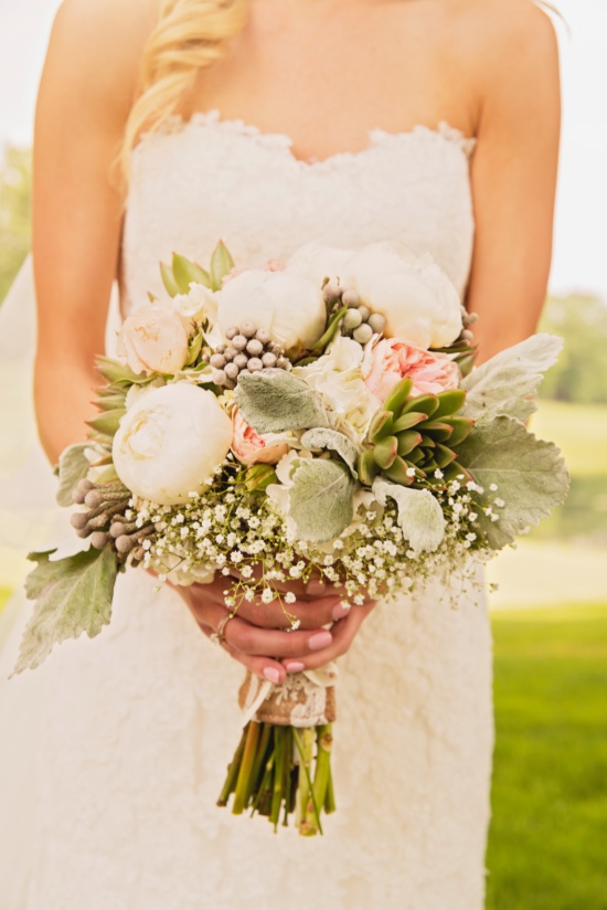 Romantic Wedding Bouquet: Peonies and Succulents in Michigan