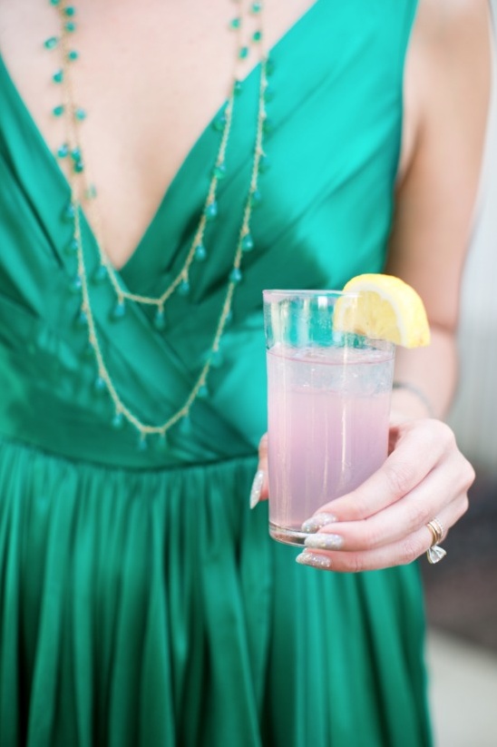 Elegant Woman in Green Dress with Pink Lemonade Photography