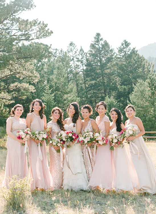 Pink and Gold Rocky Mountain Wedding with Mismatched Dresses