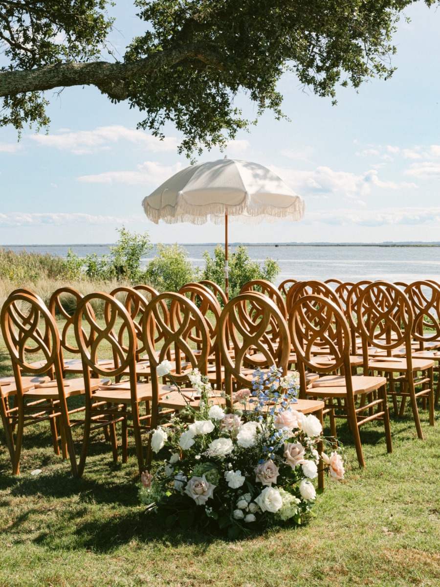 Breezy pale pink and blue poolside wedding on the Outer Banks
