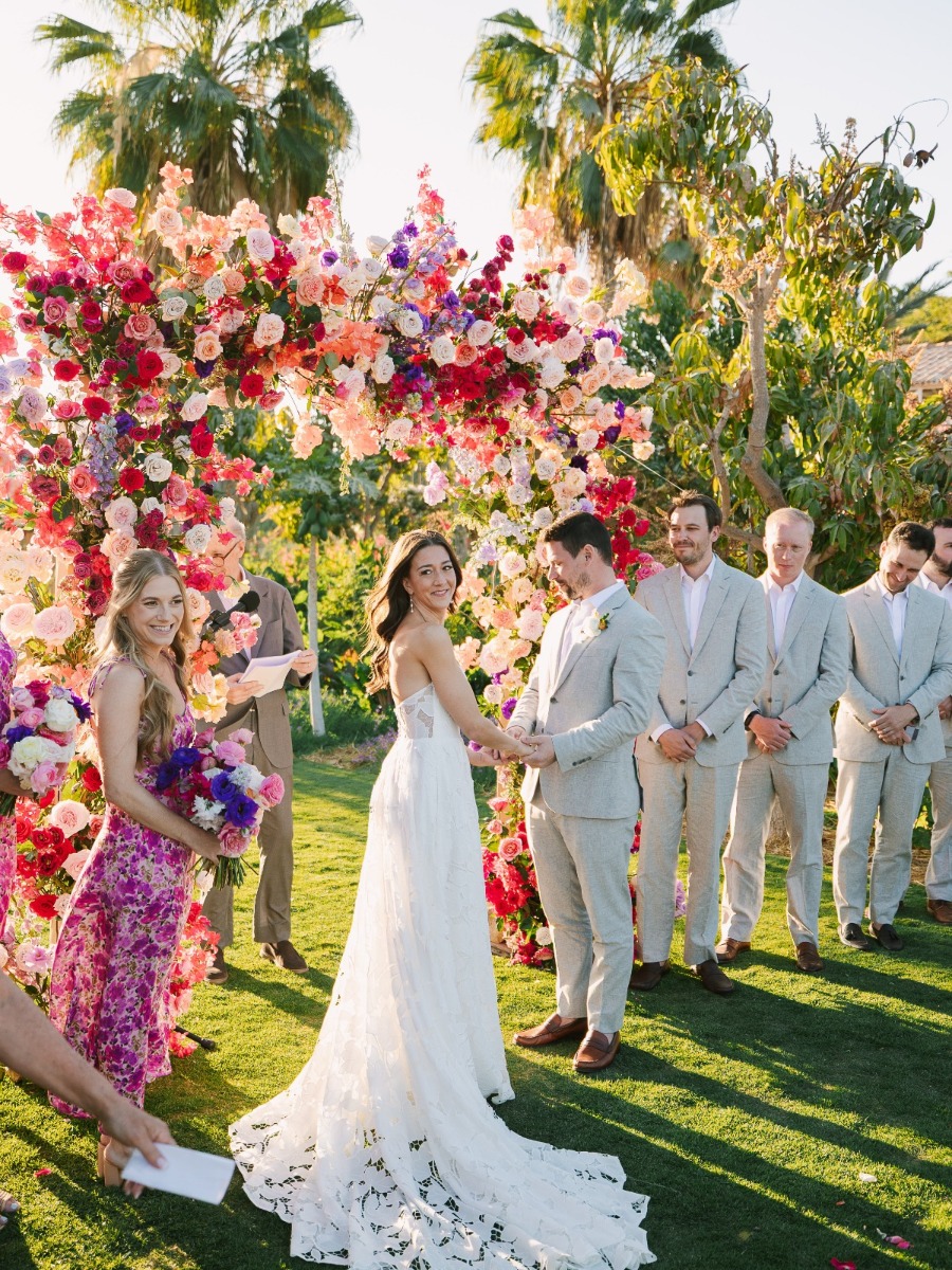 Vibrant garden wedding in shades of pink and purple