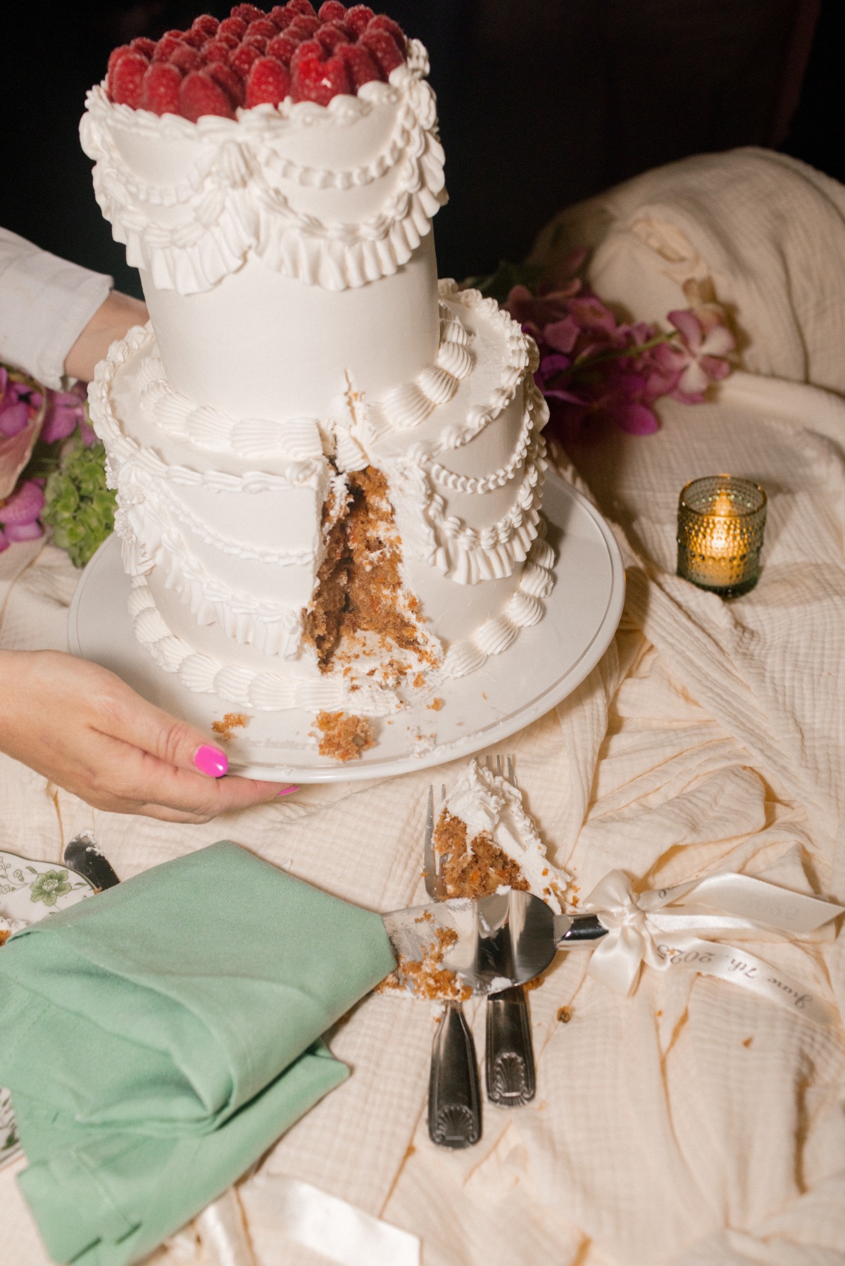 Lambeth style wedding cake with a piece cut out